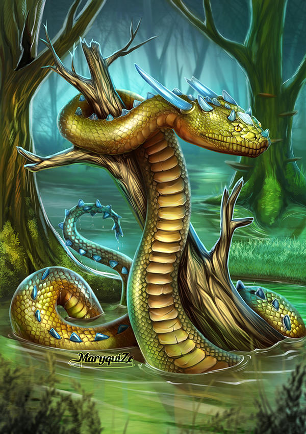 Image of a horned serpent wrapped around a log in a swamp.